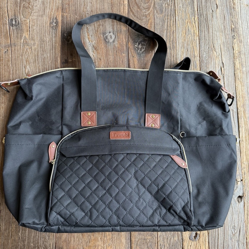 Tuwubi Quilted Diaper Bag NWOT Black Canvas Multi Pocket Shoulder Tote Baby Kids